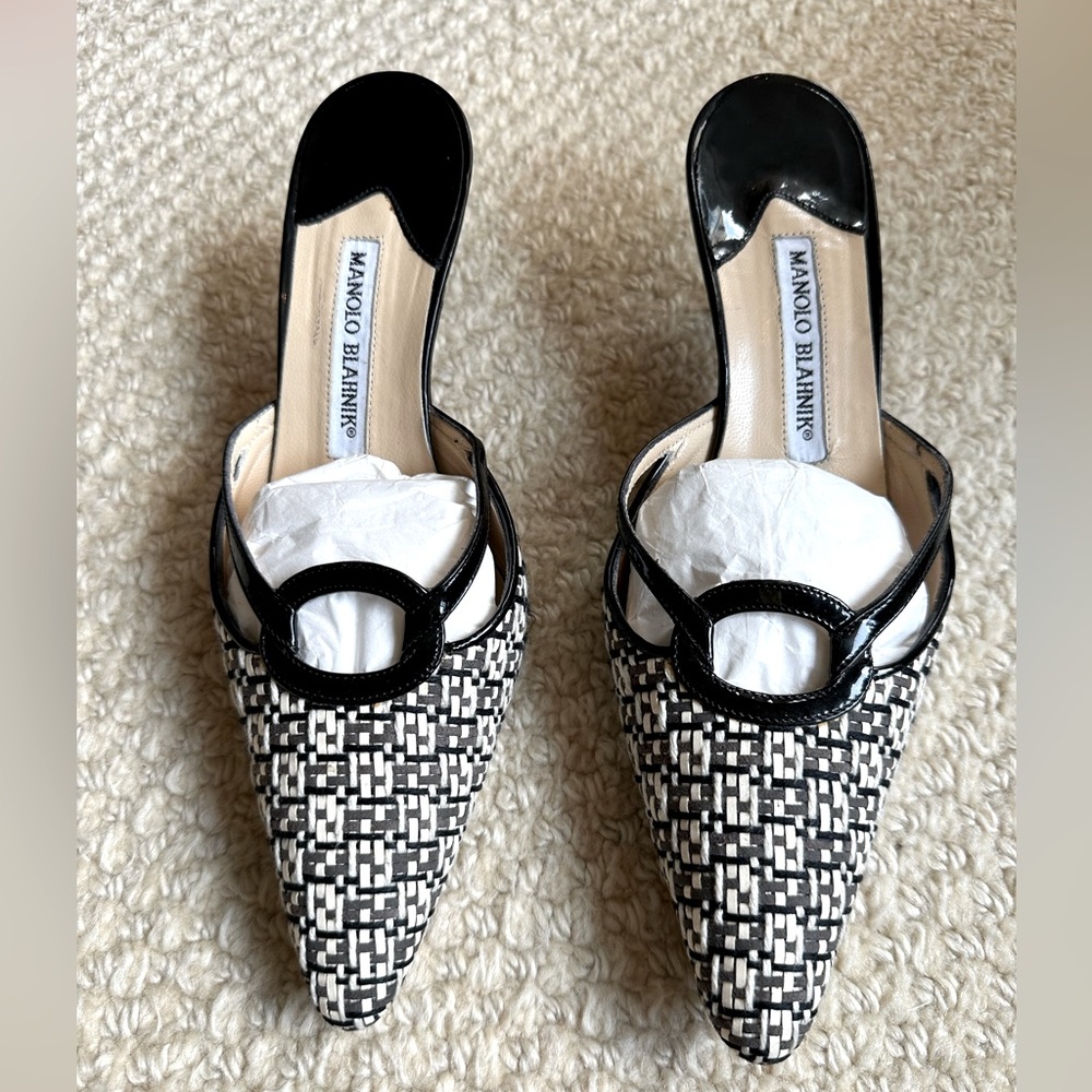 Manolo Blahnik Stunning Black and White Mules.  Size 7.  Great Condition.